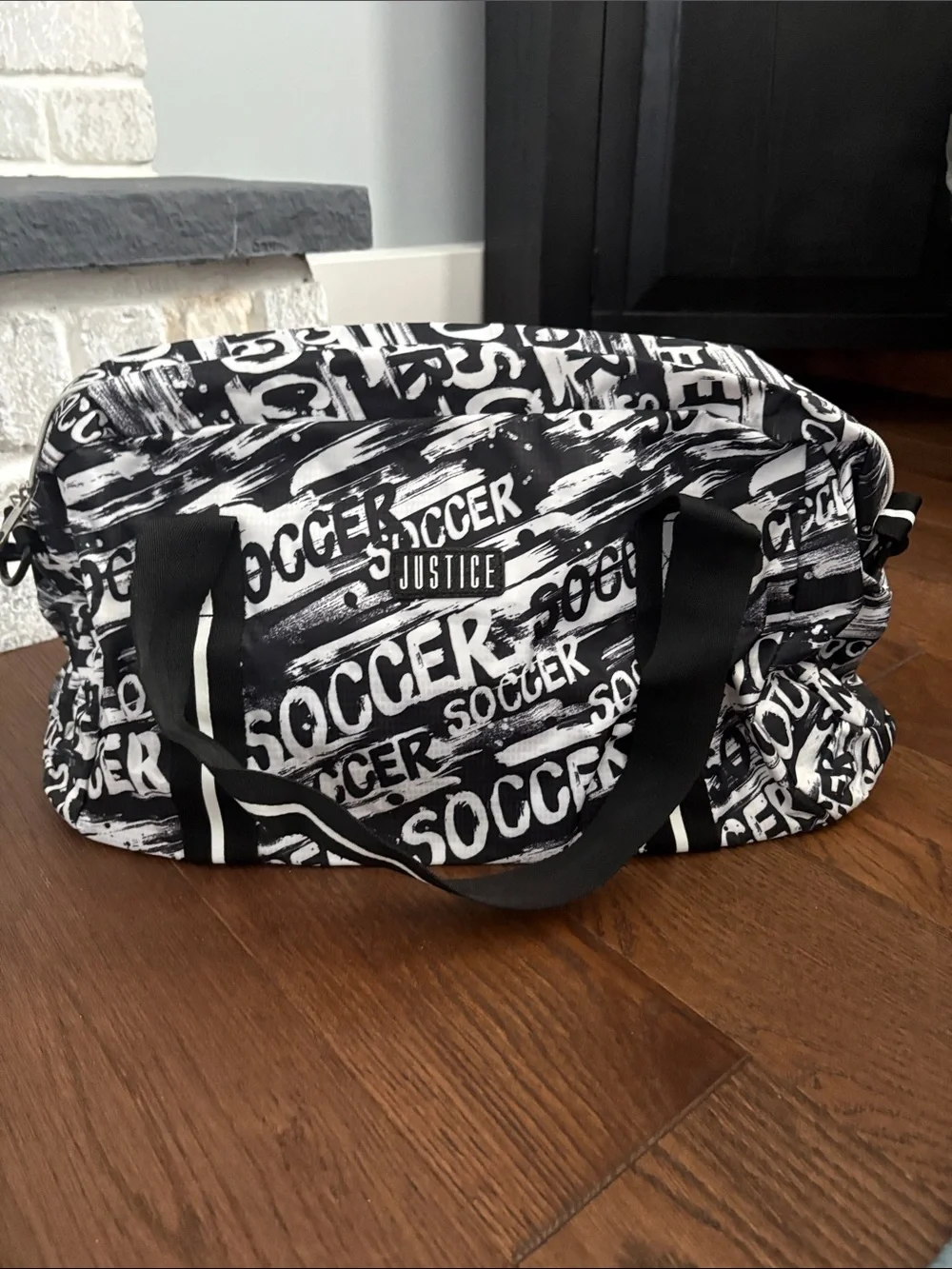 Justice Black & White Soccer Print Duffel Bag